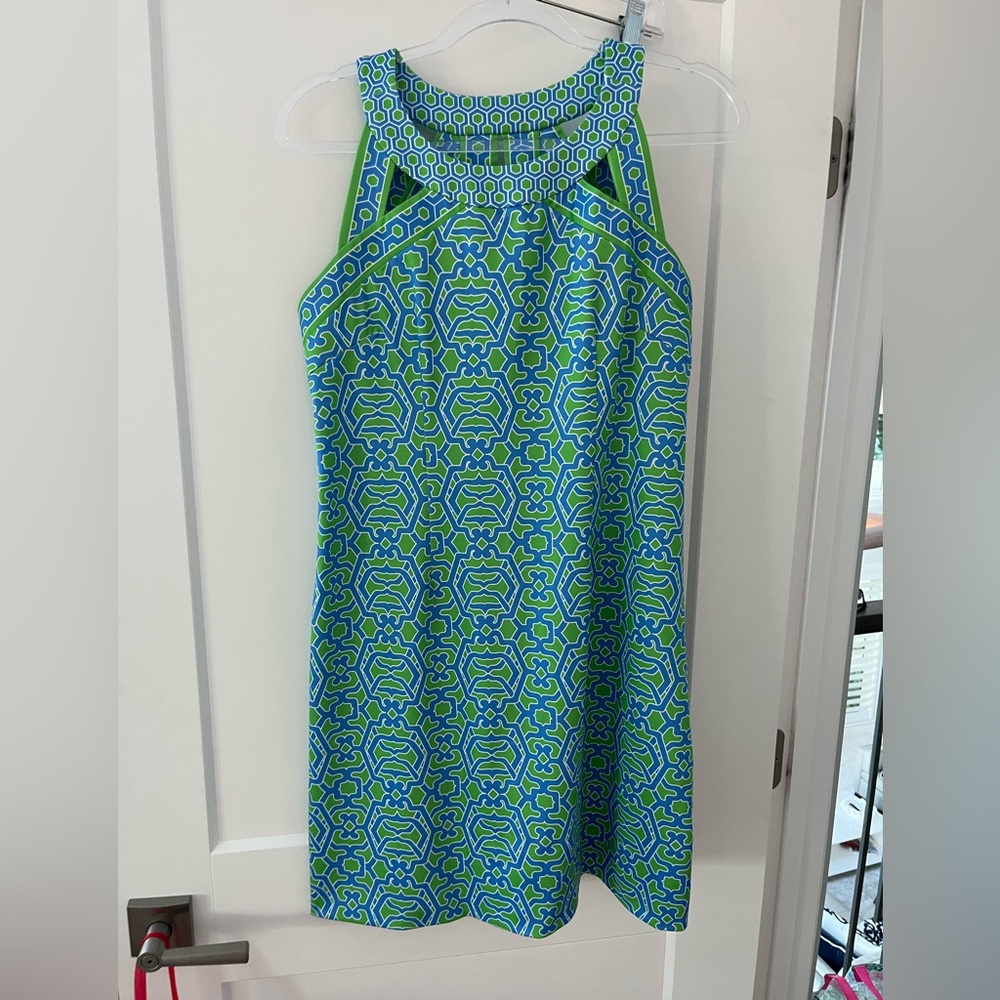Gretchen Scott Green and Blue Patterned Sleeveless Dress